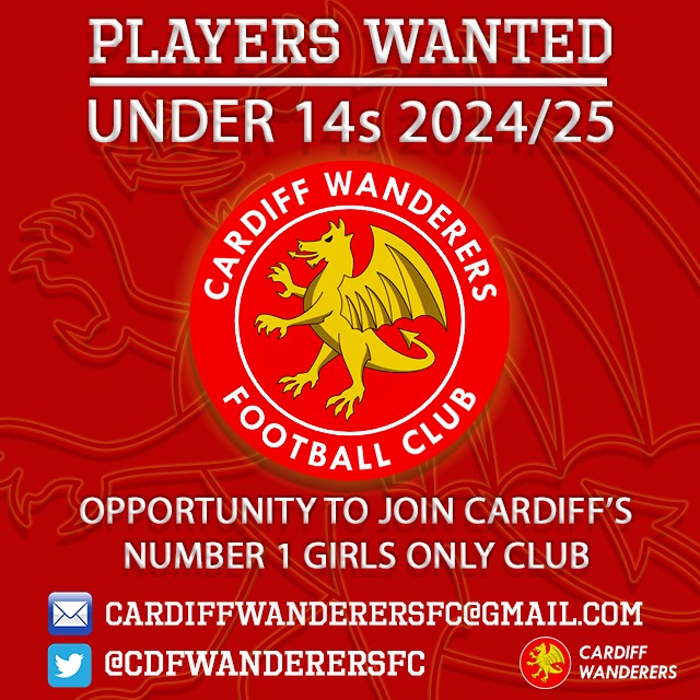 𝙅𝙊𝙄𝙉 𝙐𝙎....U14s 24/25 Season (Sch Yr 8&amp;9)

We are looking for additional players to join our talented squad for next season. 

Cardiff's Number 1️⃣ 𝗚𝗶𝗿𝗹𝘀 𝗼𝗻𝗹𝘆 𝗙𝗼𝗼𝘁𝗯𝗮𝗹𝗹 𝗖𝗹𝘂𝗯

Please message for info:
📧Cardiffwanderersfc@gmail.com