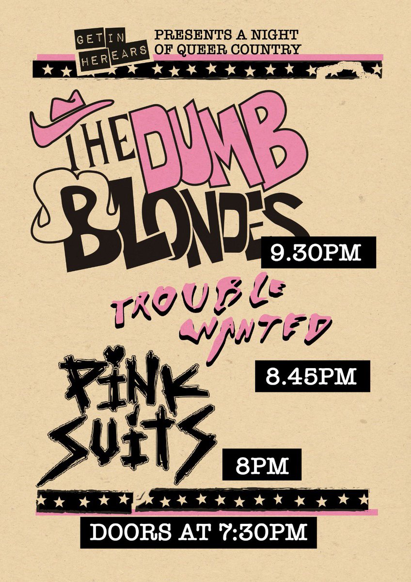 Get In Her Ears (@getinherears) on Twitter photo 🎀 We cannot wait for our night of queer country tomorrow with The Dumb Blondes, Trouble Wanted & pink suits at <a href="/sebrightarms/">Sebright Arms</a> - there are just FIVE TICKETS LEFT! 🎀
Be quick! 🎟 👉 link.dice.fm/LK4G5oOFkLb?sh…
If you do have tickets but can no longer make it, please let us know x 🎀 We cannot wait for our night of queer country tomorrow with The Dumb Blondes, Trouble Wanted & pink suits at <a href="/sebrightarms/">Sebright Arms</a> - there are just FIVE TICKETS LEFT! 🎀
Be quick! 🎟 👉 link.dice.fm/LK4G5oOFkLb?sh…
If you do have tickets but can no longer make it, please let us know x