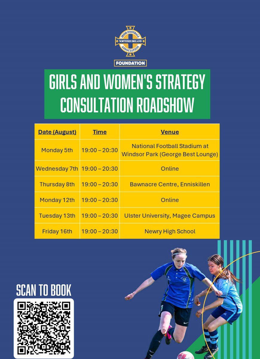 IrishFA's tweet photo. 📣 We want to hear from you 📣

Have your say as we create our new Girls and Women's strategy 💻 Attend one of our roadshows taking place across NI ⤵️

Register today 🔗 https://t.co/Td8xJm0MHq  #FootballforAll https://t.co/gsSRhnidL0