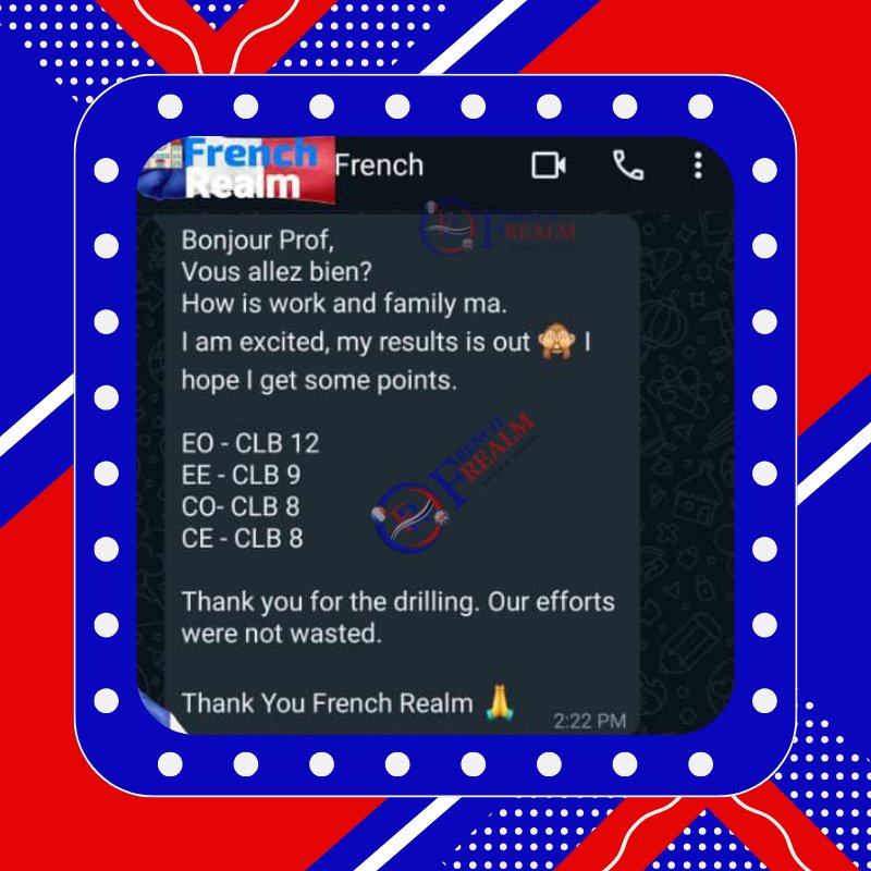 FrenchRealmFR's tweet image. After 8 months of intensive training as a beginner!!!!🥳🥳💥💥
Nous sommes connus pour une livraison constante d&apos;excellents résultats de TEF / TCF Canada et de divers examens français.
This could be your own result and story😊
#Frenchrealm #OnlineFrenchclass #learnfrenchlanguage