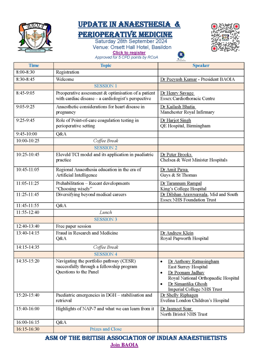 BAOIA_News's tweet photo. Have you registered for the Basildon ASM 2024?
Click https://t.co/kYOaamdmPx for an early bird fee.

Submit an abstract by 26th July.
Details at https://t.co/llYR2Fr7la

Approved for 5 RCoA CPD points.

Followed by a gala Indian entertainment with family, not far from London https://t.co/xKNn4Xiw02