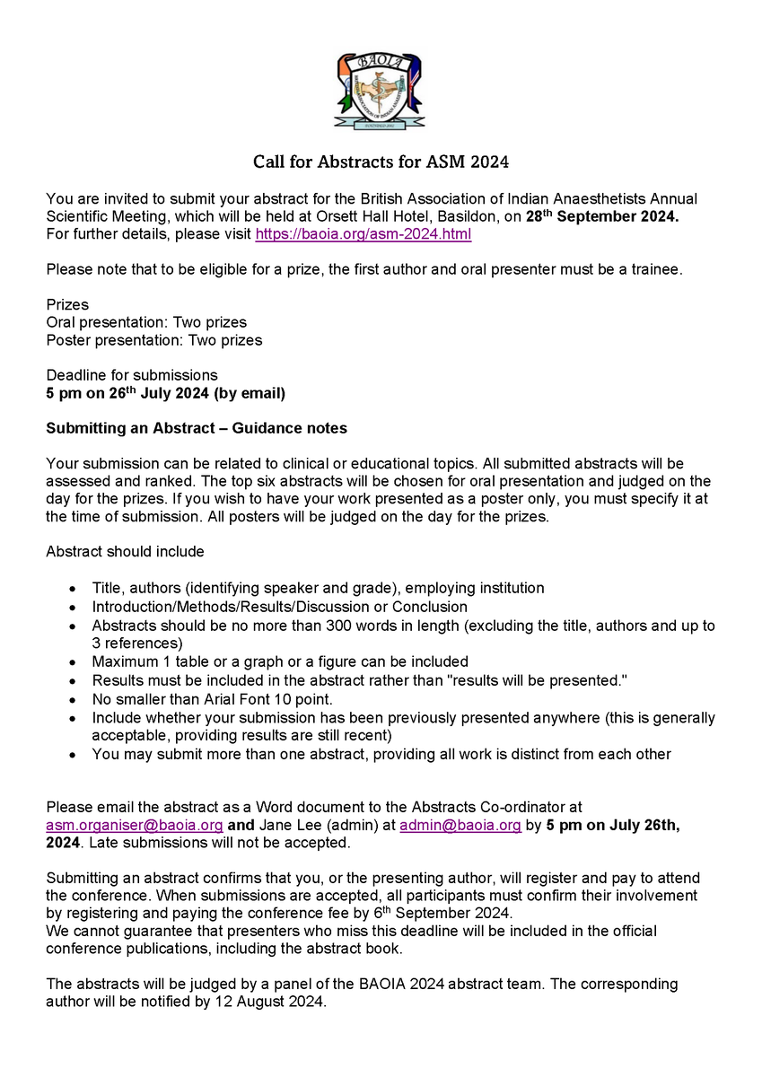 Have you registered for the Basildon ASM 2024?
Click baoia.org/asm2024 for an early bird fee.

Submit an abstract by 26th July.
Details at baoia.org/asm-2024.html

Approved for 5 RCoA CPD points.

Followed by a gala Indian entertainment with family, not far from London
