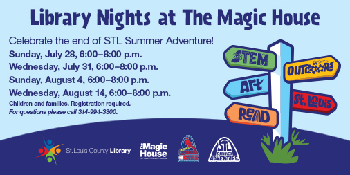 SLCL's tweet photo. Celebrate the end of STL Summer Adventure with a night of fun exclusively for St. Louis County Library patrons. Bring the whole family and explore all that The Magic House. Children and families. See full schedule at https://t.co/km98rQ1whO.
#STLSummerAdventure #summerreading https://t.co/RGZDq2X0yo