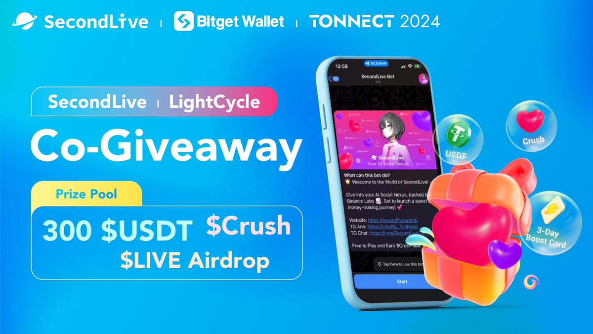 LightCycle_City's tweet photo. 🎉 Congrats to #SecondLive on their Official launch the Mini-app product! 🚀 Join @LightCycle_City X @SecondLiveReal X @BitgetWallet Grand Gift Box Giveaway in celebrating this milestone. 

Win 300 $USDT, $Crush, in-app benefits and get a chance to receive $LIVE airdrops!    

🎁 Dive into Gift Box Co-giveaway: https://t.co/U4PIQuxiBd