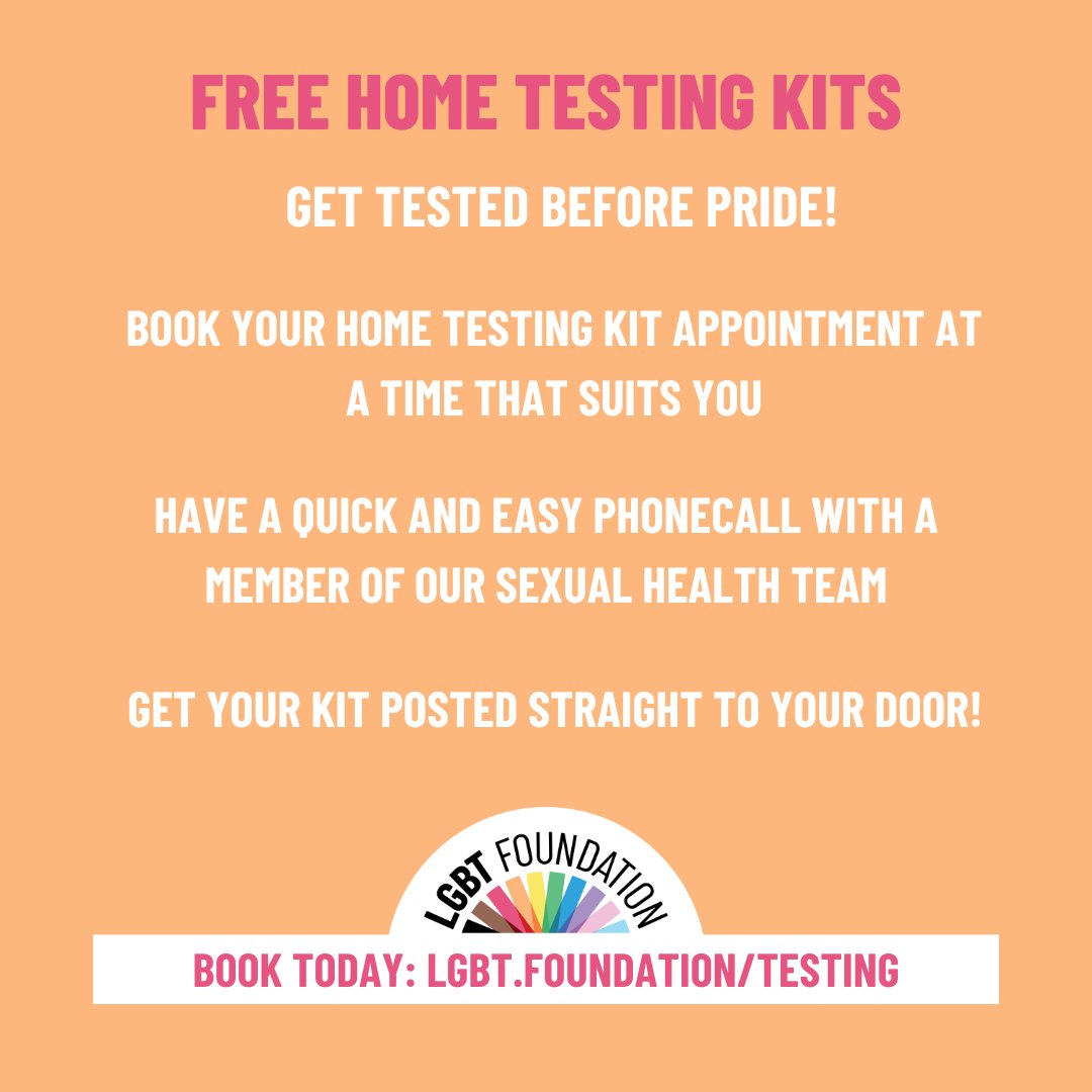 LGBT Foundation are sending out free, full screening, home testing kits straight to your door! 🏳️‍🌈

After booking your appointment at lgbt.foundation/testing, you'll have a quick phone call with a member of our Sexual Health team and then the test will be on its way to you!