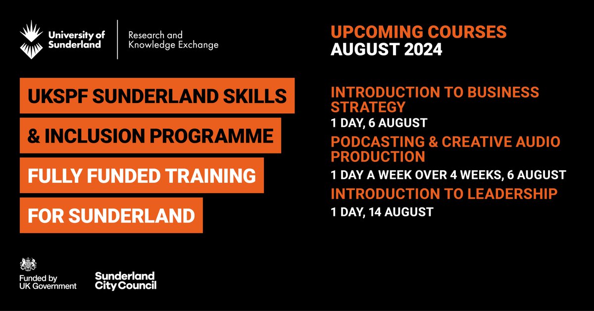 sunderlanduni's tweet photo. We’re excited to share our upcoming courses, fully funded for businesses, organisations and employees in Sunderland #UKSPF
Click below to view the full course schedule!
https://t.co/uEUGMSHgfv https://t.co/qK1fK1WSiu