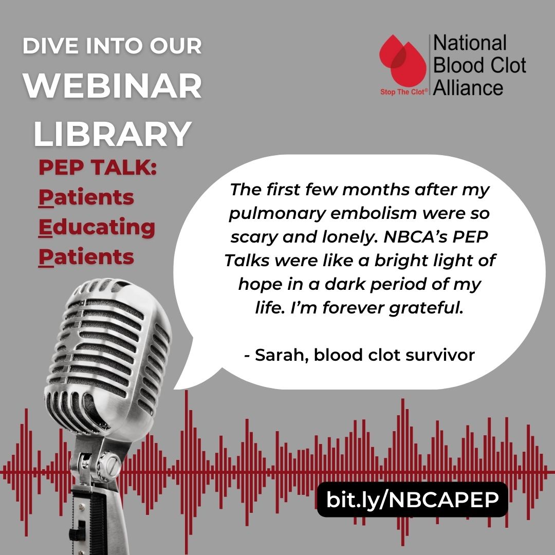 StopTheClot's tweet image. If you’ve been diagnosed w/ a #bloodclot and want to gain a deeper understanding of your condition, we’ve got you covered. Visit our #PEPTalk Media Library and register for upcoming 2024 PEP Talks, including our next one on Aug. 13:  bit.ly/NBCAPEP

#stoptheclot