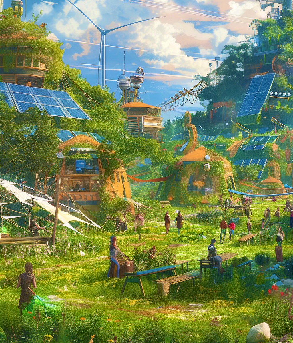 Earthbasedsoul's tweet photo. Solarpunk is a rebellion against the dark and dystopian narratives of the future. It offers a hopeful alternative, where communities come together to build a world powered by clean energy and collective action. 
#SolarpunkWorldBuilding https://t.co/X8fv6mO4Cx