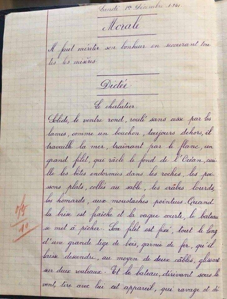 Le cahier d’une élève en 1941… Une écriture juste incroyablement impeccable et l'orthographe qui va avec… L'élève avait 13 ans… Maintenant avec les wesh, walla, et autres joyeusetés de ce genre, on est plus dans ces années où l'on devait respecter sans bavure ni page cornée,