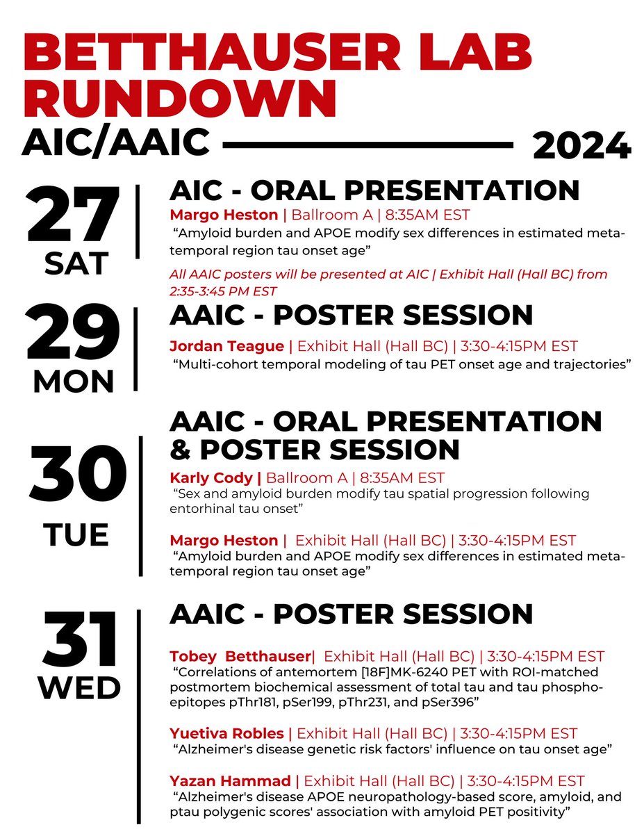 Betthauser Lab (@betthauserlab) on Twitter photo Going to #AAIC24? Come say hi to us in Philly! 👋<a href="/tobeybetthauser/">Tobey Betthauser</a> <a href="/margoheston/">Margo Heston</a> <a href="/demingy/">Yuetiva Robles (Deming), PhD</a>
Check out the full rundown ⬇️ Going to #AAIC24? Come say hi to us in Philly! 👋<a href="/tobeybetthauser/">Tobey Betthauser</a> <a href="/margoheston/">Margo Heston</a> <a href="/demingy/">Yuetiva Robles (Deming), PhD</a>
Check out the full rundown ⬇️