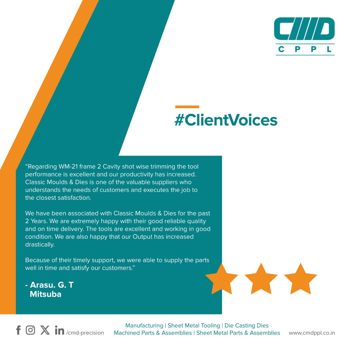 Cmd_Precision's tweet image. We are thrilled to share this glowing feedback from one of our valued clients regarding our WM-21 frame 2 Cavity shot wise trimming tool. Together, we're committed to excellence, timely delivery, &amp;amp; customer satisfaction.

#CMD #CPPL #PrecisionProducts #Manufacturing #Testimonial