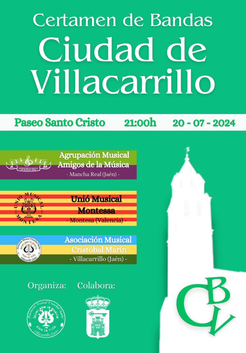 🔵🟡🟢CERTAMEN DE BANDAS CIUDAD DE VILLACARRILLO 🔵🟡🟢

📅 Sábado 20 de julio
⌚ 21:00h
📍Paseo Santo Cristo (Villacarrillo)

En la noche de este sábado día 20 de julio, participaremos en el Certamen de Bandas Ciudad de Villacarrillo.
