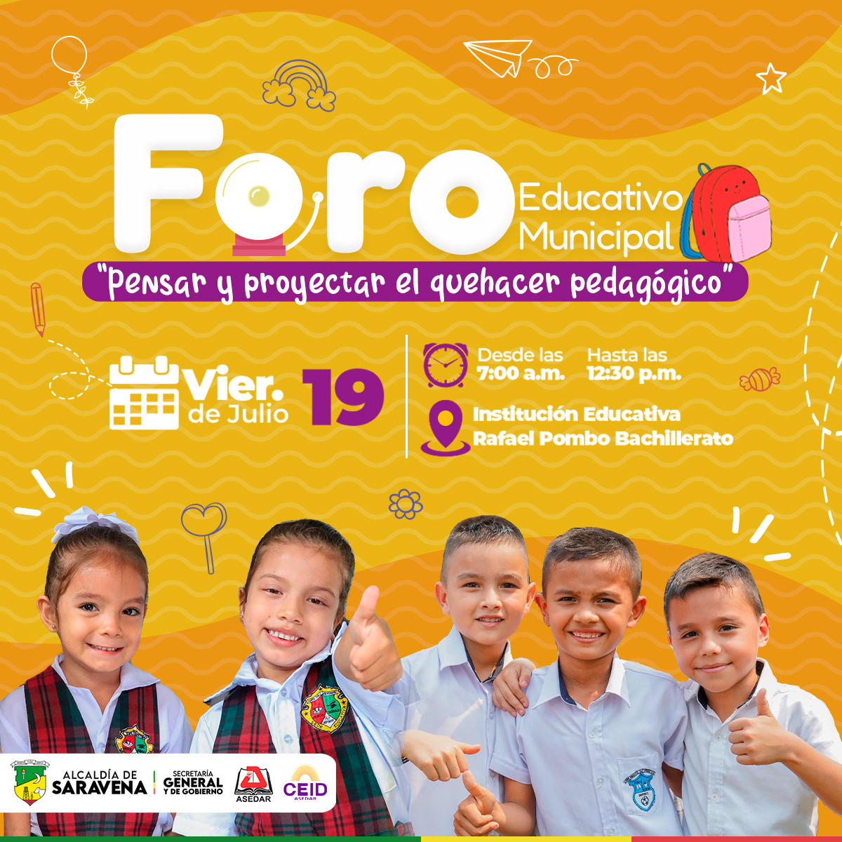 📒La Administración Municipal liderada por el alcalde Juan Ignacio Cifuentes Santos invita a participar del Foro Educativo Municipal "Pensar y proyetar el quehacer pedagógico", espacios para reflexionar y proponer estrategias de mejoramiento de la pertinencia y calidad educativa.