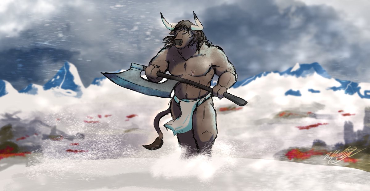 My first artfight attack (revenge) of the year, at last! For <a href="/AberrantLynxMk2/">AberrantLynx</a> , of his character Kyro!

The red in the background is supposed to be tundra flowers, but I kinda botched it and it looks like blood. But I assure you, it’s just the local hardly flora