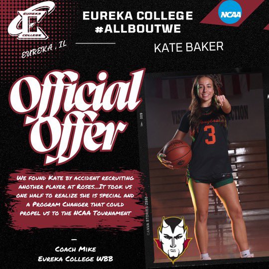 Kate Baker (@kate_baker014) on Twitter photo After a great call with <a href="/coachhedrickjr/">Mike Hedrick</a> I’m thankful to receive an offer from <a href="/EurekaWbb/">Eureka College WBB🏀</a>! Thank you Coach Hedrick for this opportunity. After a great call with <a href="/coachhedrickjr/">Mike Hedrick</a> I’m thankful to receive an offer from <a href="/EurekaWbb/">Eureka College WBB🏀</a>! Thank you Coach Hedrick for this opportunity.