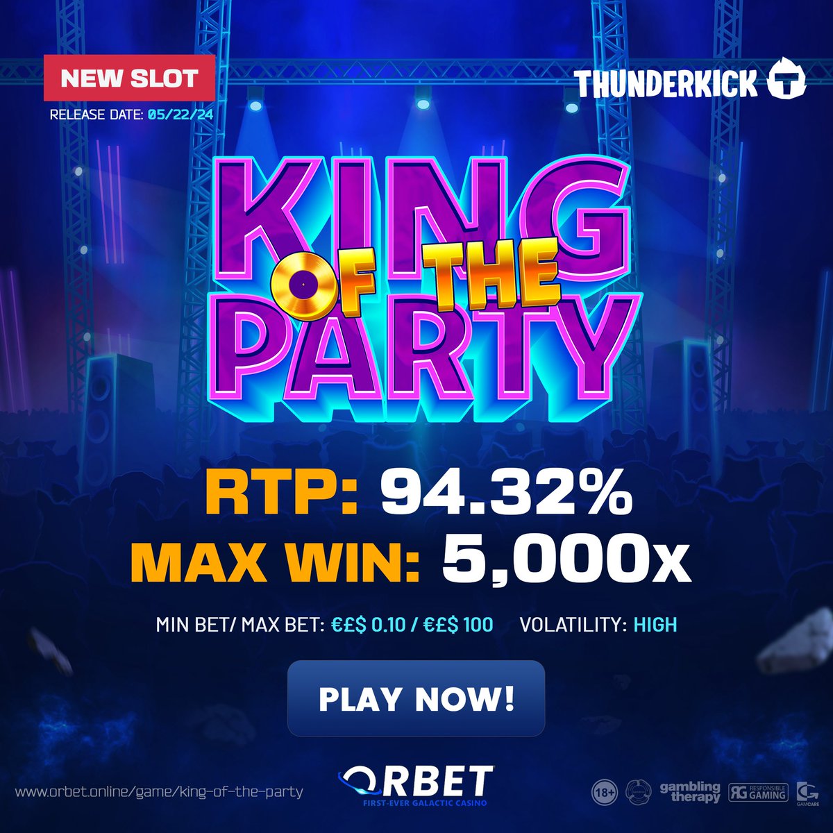 Orbet's tweet photo. It's now Party Time on Orbet! 🪩🕺

Become the King of the Party with DJ Lion and the rest of the animal gang in the Thunderkick slot, with a chance to win 5,000x your bet! 💸

Try this slot now at:
https://t.co/BtmdoaxuKI