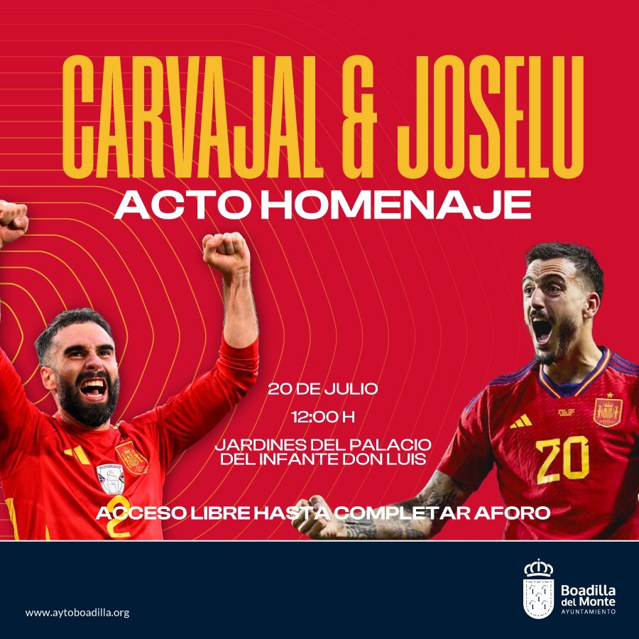 Los futbolistas y vecinos de Boadilla 🌳 <a href="/DaniCarvajal92/">Dani Carvajal Ramos</a> y <a href="/JoseluMato9/">Joselu Mato</a> que junto a la Selección Nacional 🇪🇸 consiguieron recientemente la cuarta Eurocopa para nuestro país, visitarán los jardines del Palacio 🪴 el próximo 20 de julio, a las 12 h, para compartir con todos