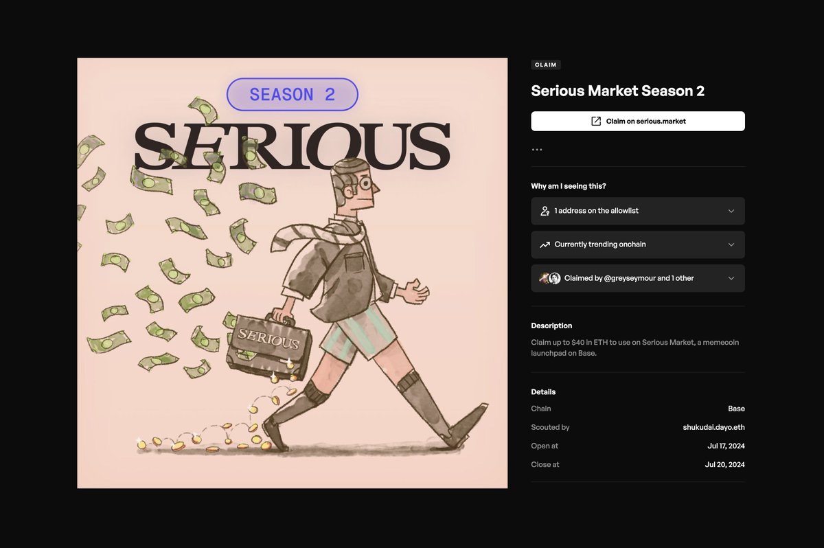 daylight's tweet photo. The @serious_market Season 2 airdrop is now live on @daylight.

Most allowlisted users can claim up to $40, and some up to $100. https://t.co/ILwf1hqqav