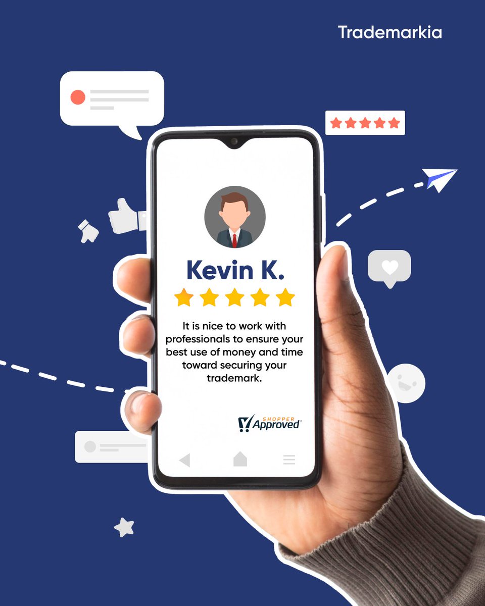 Trademarkia's tweet photo. Thanks for the positive affirmations Kevin! We pride ourselves on efficient and effective services.
Protect your trademark today at https://t.co/KmlBL0uGsd.
#Trademarkia #CustomerReviews #TrademarkRegistration #TrademarkApplication #TrademarkProtection #TrademarkAttorney #IPAttorney #IP #IntellectualProperty #Trademark #CopyrightProtection #Patent
