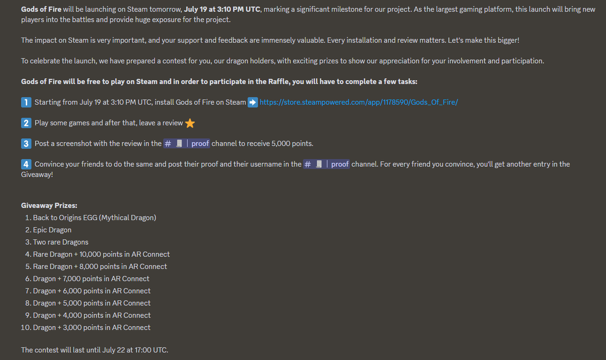 🚀 Dragon Holders, big news! 

Gods of Fire is launching on Steam. 
Exclusive rewards and epic battles await. 

Join us on Discord for all the details! 🔥
discord.com/invite/xk2qMXW…