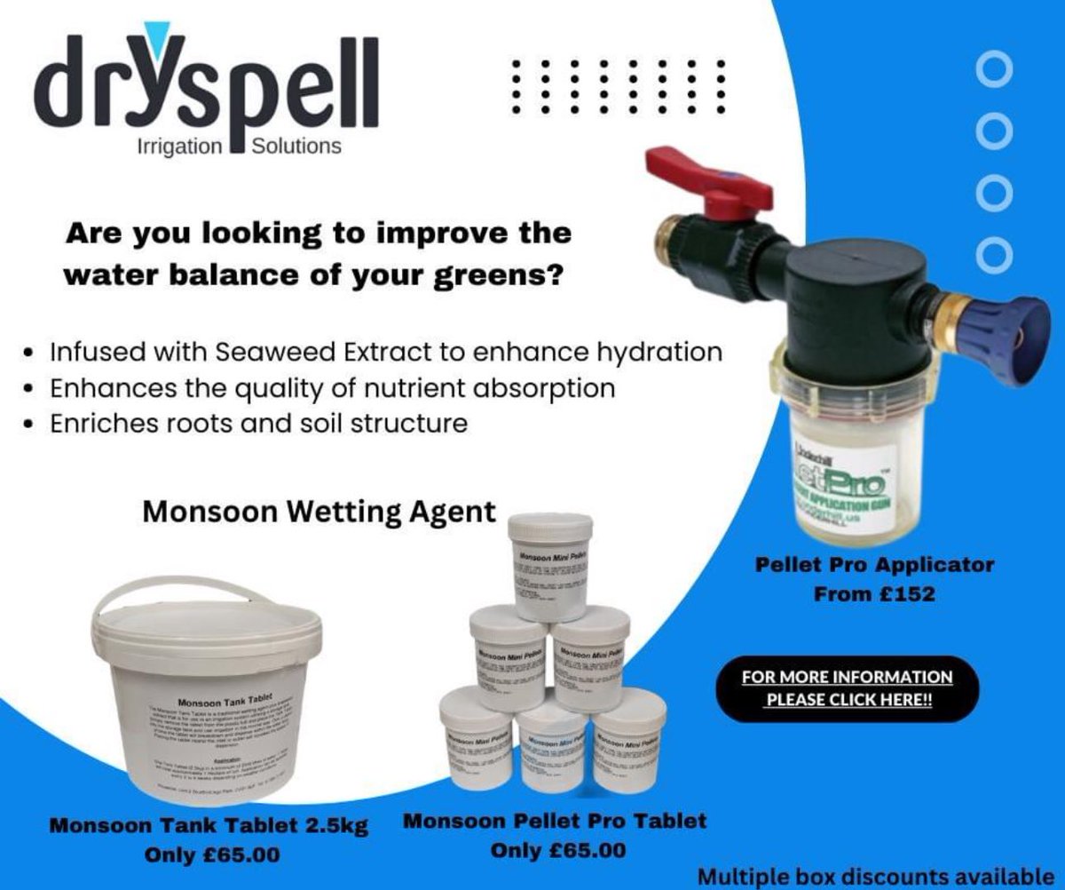 Dryspell_Ltd's tweet photo. We’ve got some more sun finally ☀️ 

With the weather hotting up, keep on top of those dry patches with our Monsoon Wetting Agent and Pellet Pro Applicators!

https://t.co/tttwf965w8

#irrigationsupplies #sportsturf #greenkeeping https://t.co/MLGVWs8J8q
