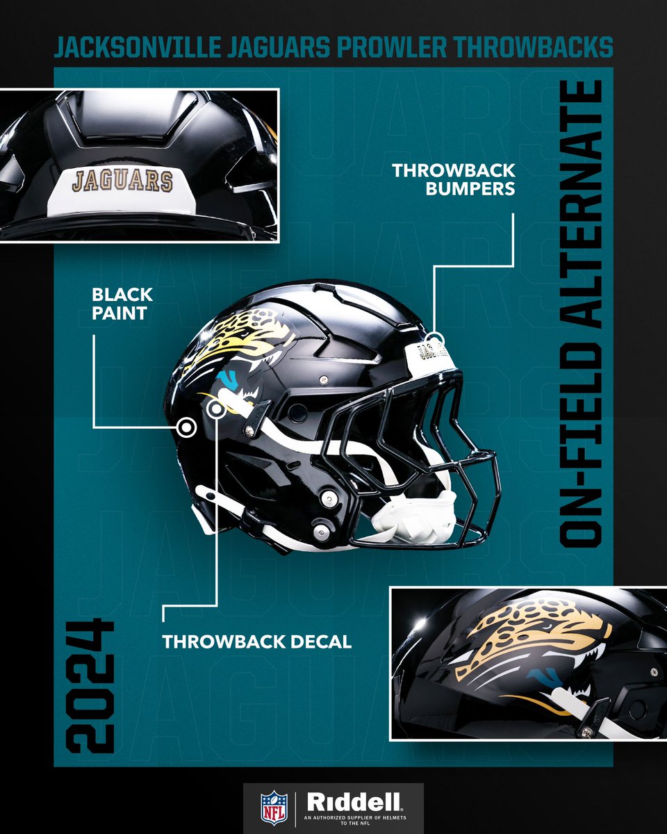 RiddellSports's tweet photo. It’s all in the details.
The @Jaguars’ Prowler Throwback #OnFieldAlt helmets are here‼️ https://t.co/s97sVKSvHb