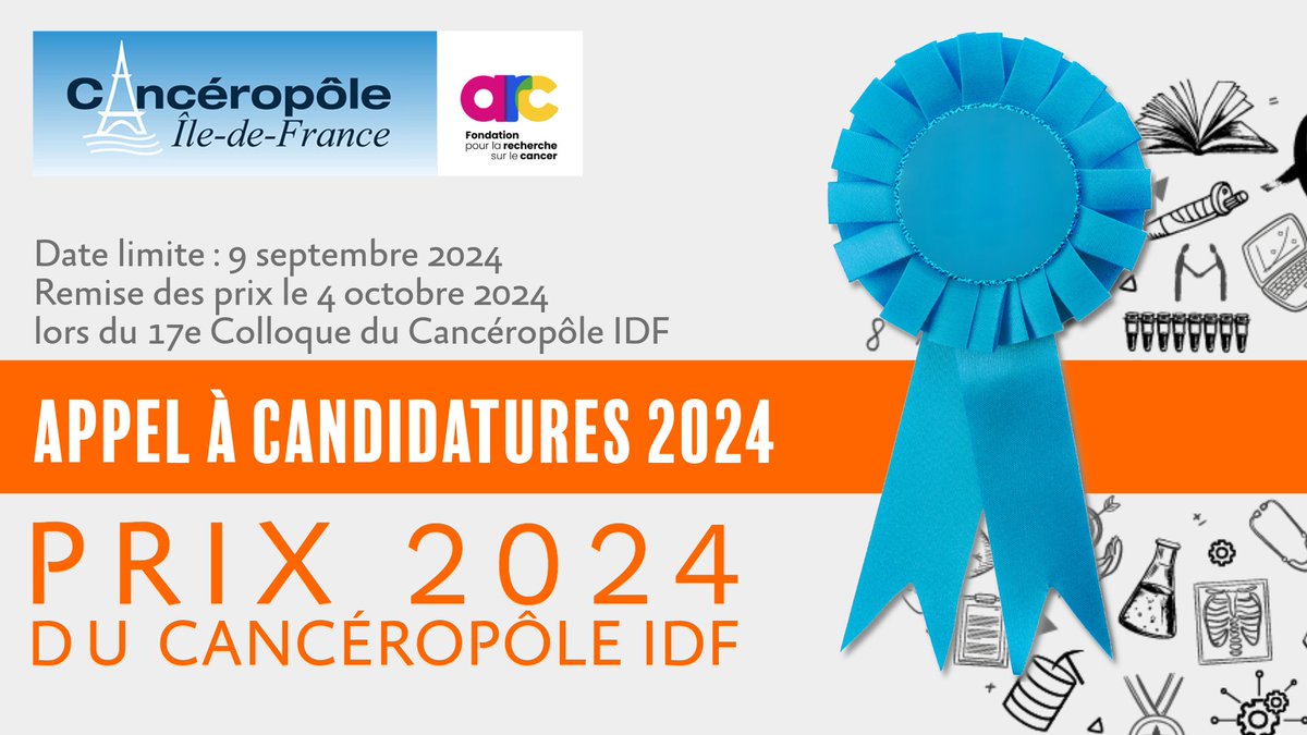 canceropole's tweet photo. 📢#Prix 2024 du @canceropole avec le soutien de la @FondationARC 
🏅#Doctorants et #Postdoctorants franciliens, soyez récompensé pour vos travaux dans le domaine du cancer et présentez votre travail lors de notre 17e Colloque
📅Date limite : 9/09/2024
🔗https://t.co/ihMgx5sJcp https://t.co/17eHOIkkNf