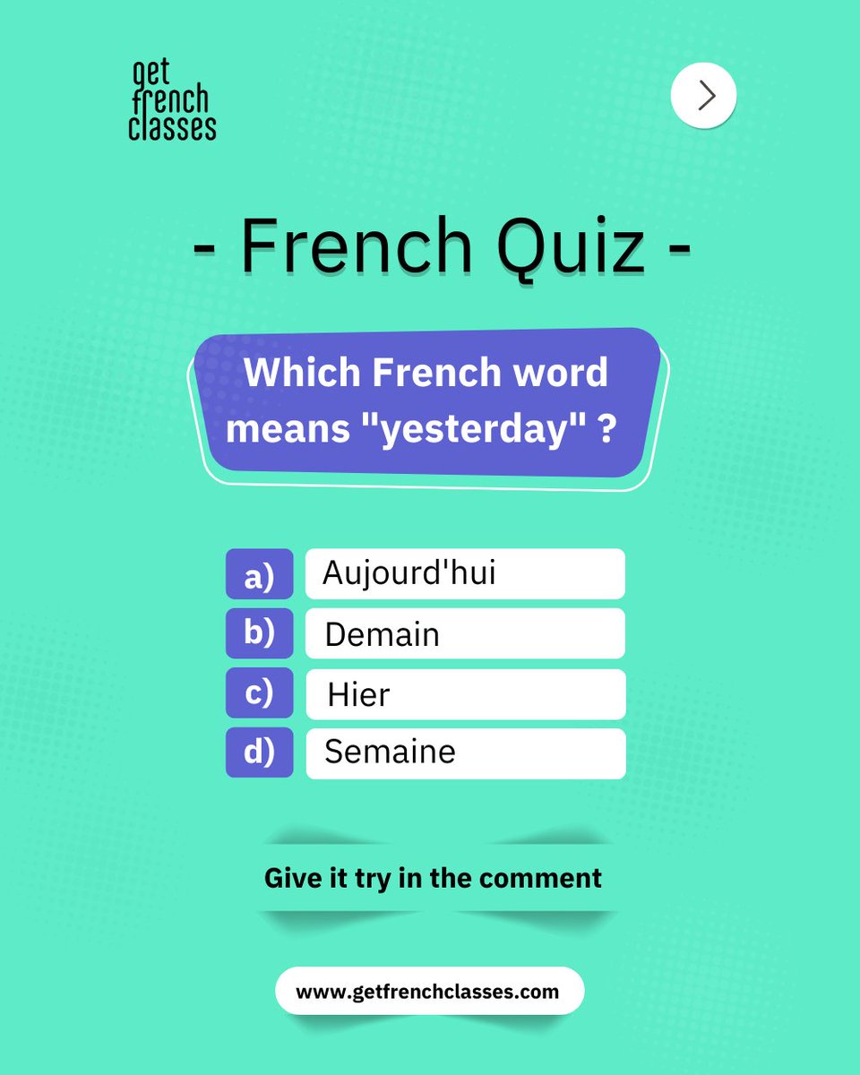 gfclasses's tweet photo. French Quizz !

Which French word means "yesterday" ?
Put your answer in the comment ! 

#LearnFrench #SpeakFrench #Getfrenchclasses https://t.co/dMjtFwrZqP