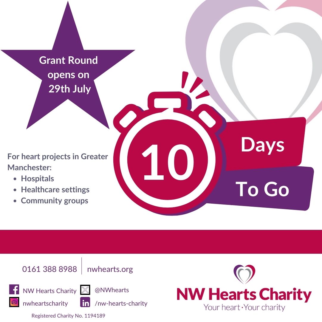 NWhearts's tweet photo. We are delighted to announce that our next round of grants will open on 29th July at 9am.  NW Hearts Charity wants to improve outcomes for people with heart disease around Greater Manchester, and to reduce its impact on lives beyond current NHS provision. https://t.co/pK0HvXhU9c