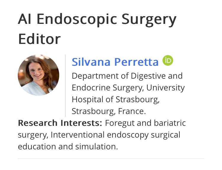 surgery_ai's tweet image. I think my favorite part about this journal is getting to work with brilliant and kind minds. Happy to announce that Professor Silvana Peretta is now or AI Endoscopic Surgery Editor.  oaepublish.com/ais/editor #artificialintelligencesurgery #IRCAD #silvanaperretta