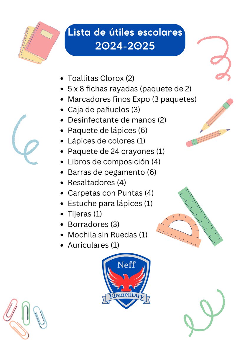 School Supply List for all grade levels are here! Can't wait to see all of our students on August 12th!