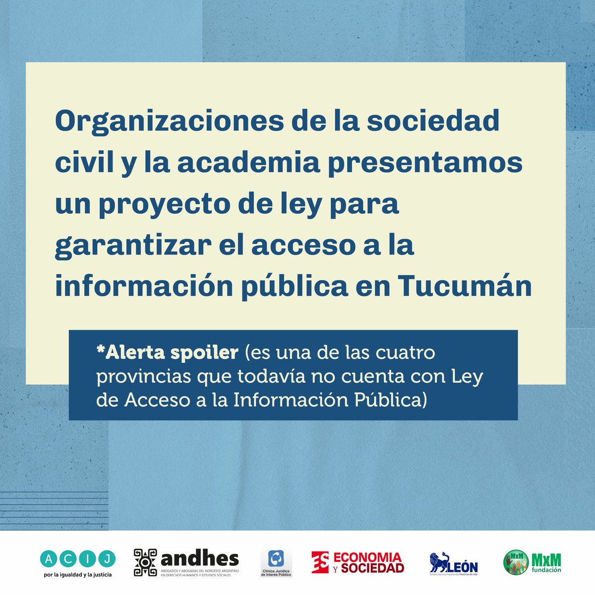 📢 POR UNA LEY DE ACCESO A LA INFORMACIÓN PÚBLICA EN TUCUMÁN

Un grupo de Organizaciones de la Sociedad Civil presentamos una iniciativa legislativa  para lograr un estado abierto, transparente y participativo en Tucumán.  Te contamos de qué se trata 👇🏻 bit.ly/4d85SQC