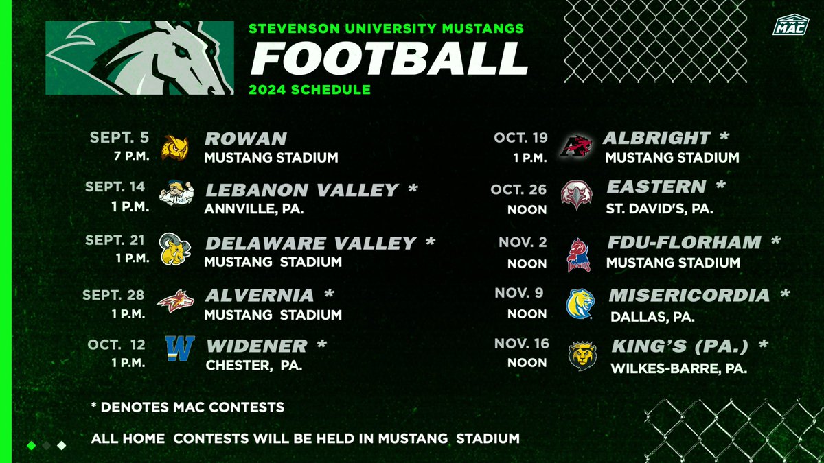 GoMustangSports's tweet photo. Are you ready for touchdown cellys!? We are! Here is Footballβs 2024 slate π€
#StangNation #d3fb #MACfb https://t.co/TCgRXE08nD