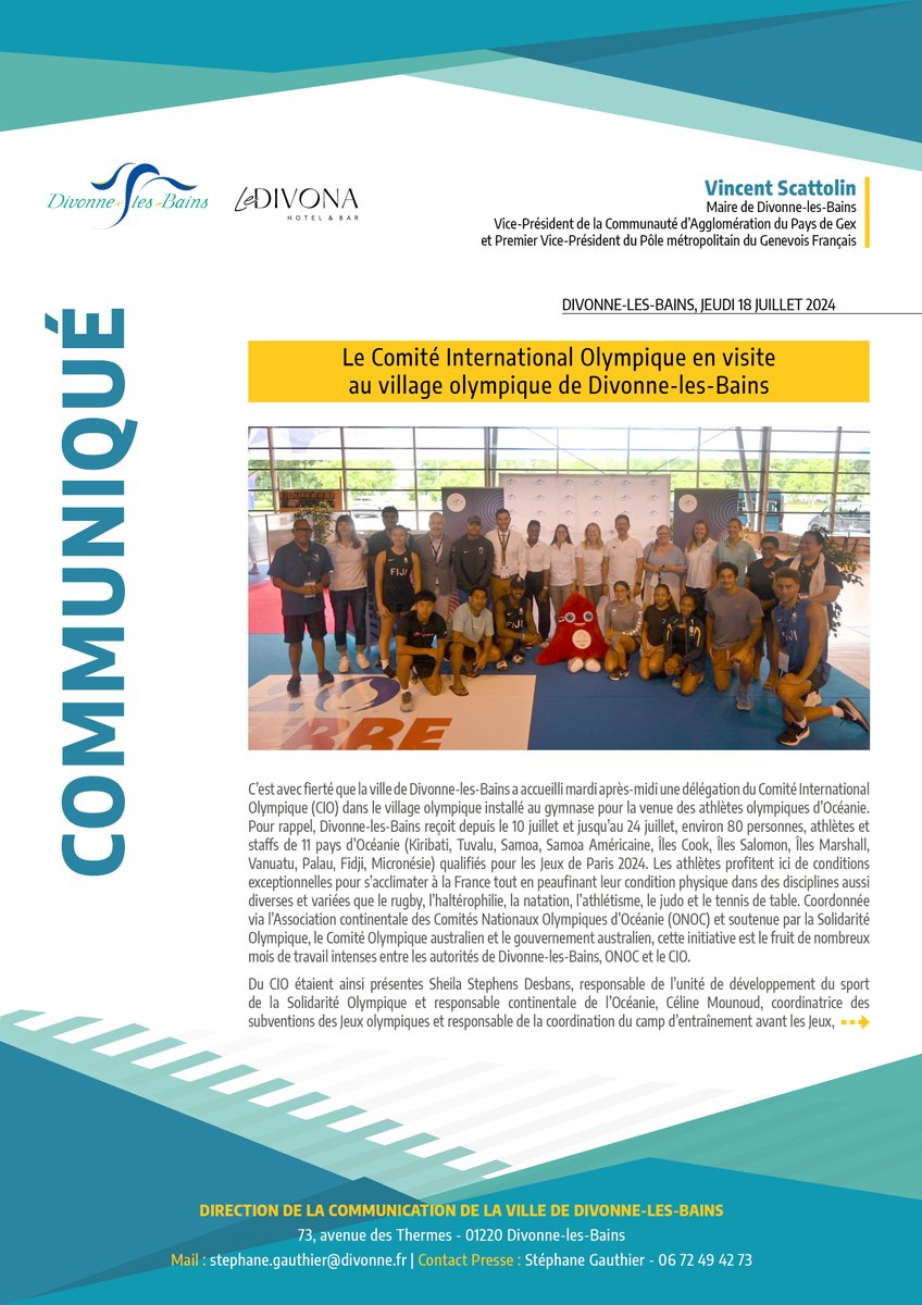 villededivonne's tweet photo. #JO2024 C’est  avec fierté que la ville de #divonnelesbains a accueilli mardi  après-midi une délégation du Comité International Olympique dans  le village olympique installé au gymnase pour la venue des athlètes  olympiques d’Océanie ▶️ https://t.co/VRp3SeixhO
#Paris2024 https://t.co/L92AZNKeWE