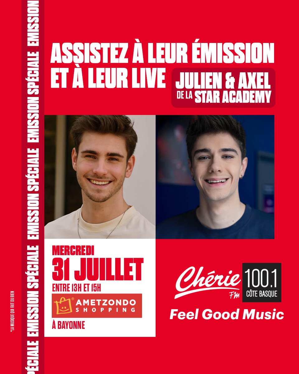 gyllome's tweet photo. ‼️ Émission spéciale avec #JulienLieb et #AxelMarbeuf en direct mercredi 31 juillet dès 13h00 sur #CherieFM depuis le centre commercial #Ametzondo à #Bayonne 😍

@JulienLiebActu @sudouest @VilleDeBayonne @Visitbayonne @txiktxak_pb #StarAcademy https://t.co/dVpOJ3IwBB