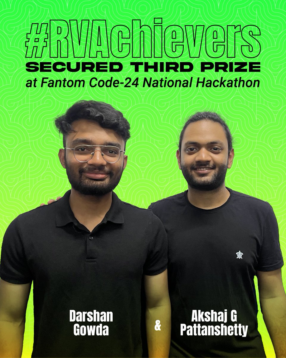 RVITM_Official's tweet photo. Congratulations to Akshaj G Pattanshetty and Darshan Gowda for winning Third Prize win at Fantom Code-24, a national-level hackathon held on 16th and 17th May 2024 at RV Institute of Technology and Management, Bengaluru. Their achievement showcases their dedication and innovation https://t.co/eYdaCFs9hu