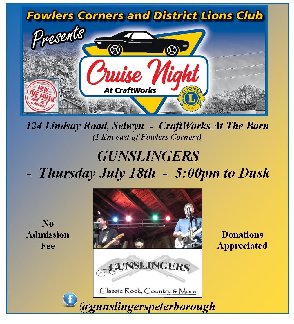 Tonight at <a href="/CraftworksATB/">CraftworksATB</a>  Cruise Night!
Check out the live music of Gunslingers Peterborough
They are the best!
<a href="/MortgagePtbo/">Mortgage Plus Corporation (Lic 10407)</a>   <a href="/WeFinanceFun/">LeisureWay Financial</a>