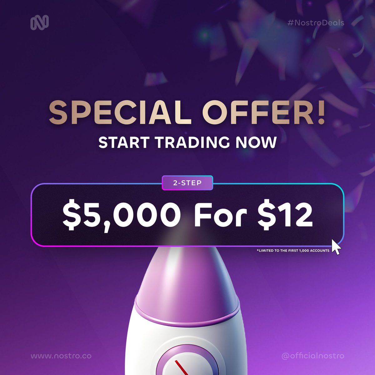 🚀 Limited Time Offer! 🚀  

For a limited time only, get a $5,000 Trading Account for just $12! 🎉   

No discount code needed, prices are automatically adjusted at checkout.  

🔗 5K 2-Step For $12: ➡ nostro.co ⬅  

How to Get Started:  

1: Head over to
