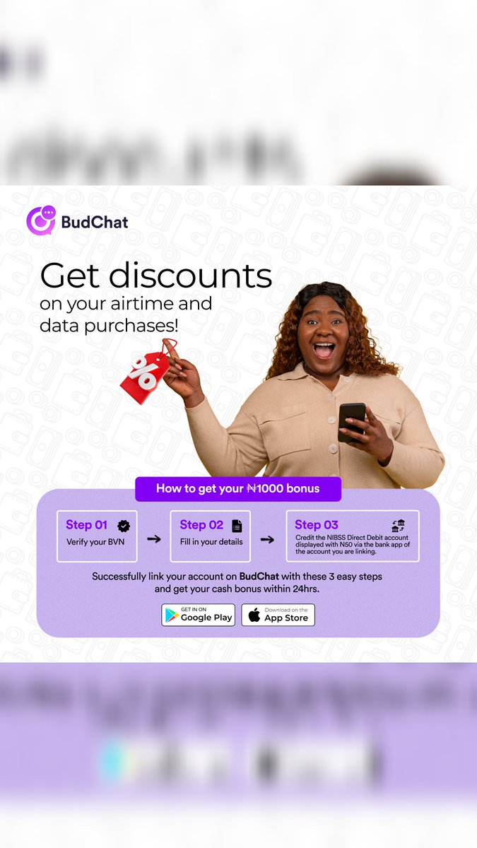 How do you feel about getting discounts when you purchase airtime and data on the BudChat App?

Excited right? 😊👍
Anytime you recharge your phone or buy data on the BudChat App, you get amazing discounts so 👇

Download BudChat to enjoy this amazing offer#budchat #explorepage