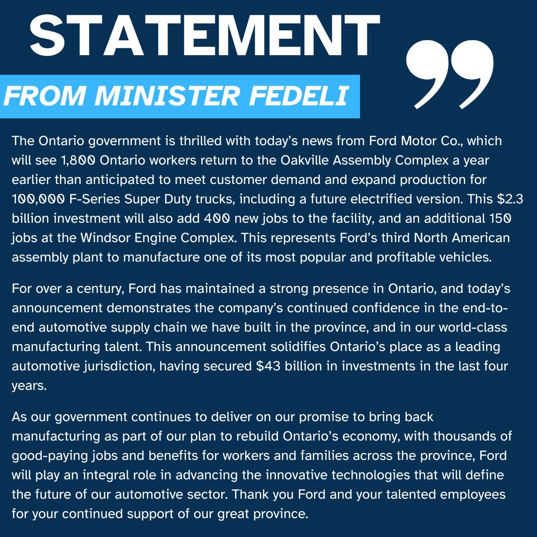 VictorFedeli's tweet photo. Great news from @FordCanada which will see 1,800 Ontario workers return to the Oakville Assembly Complex a year earlier and add 400 new jobs to the facility, with an additional 150 jobs at the Windsor Engine Complex. https://t.co/A8gUM5YZSi