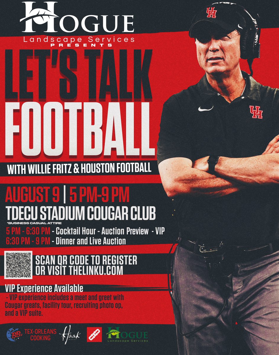 Want to get the scoop on the 2024 season directly from <a href="/CoachWEFritz/">Coach Willie Fritz</a> and <a href="/UHCougarFB/">Houston Football</a> players? Get your tickets to Let's Talk Football sponsored by <a href="/HogueLandscape/">Hogue Landscape Services</a>. Space is limited so click the link below and reserve your table! #GoCoogs 🐾🐾🐾

🎟️shoptlu.com/products/lets-…