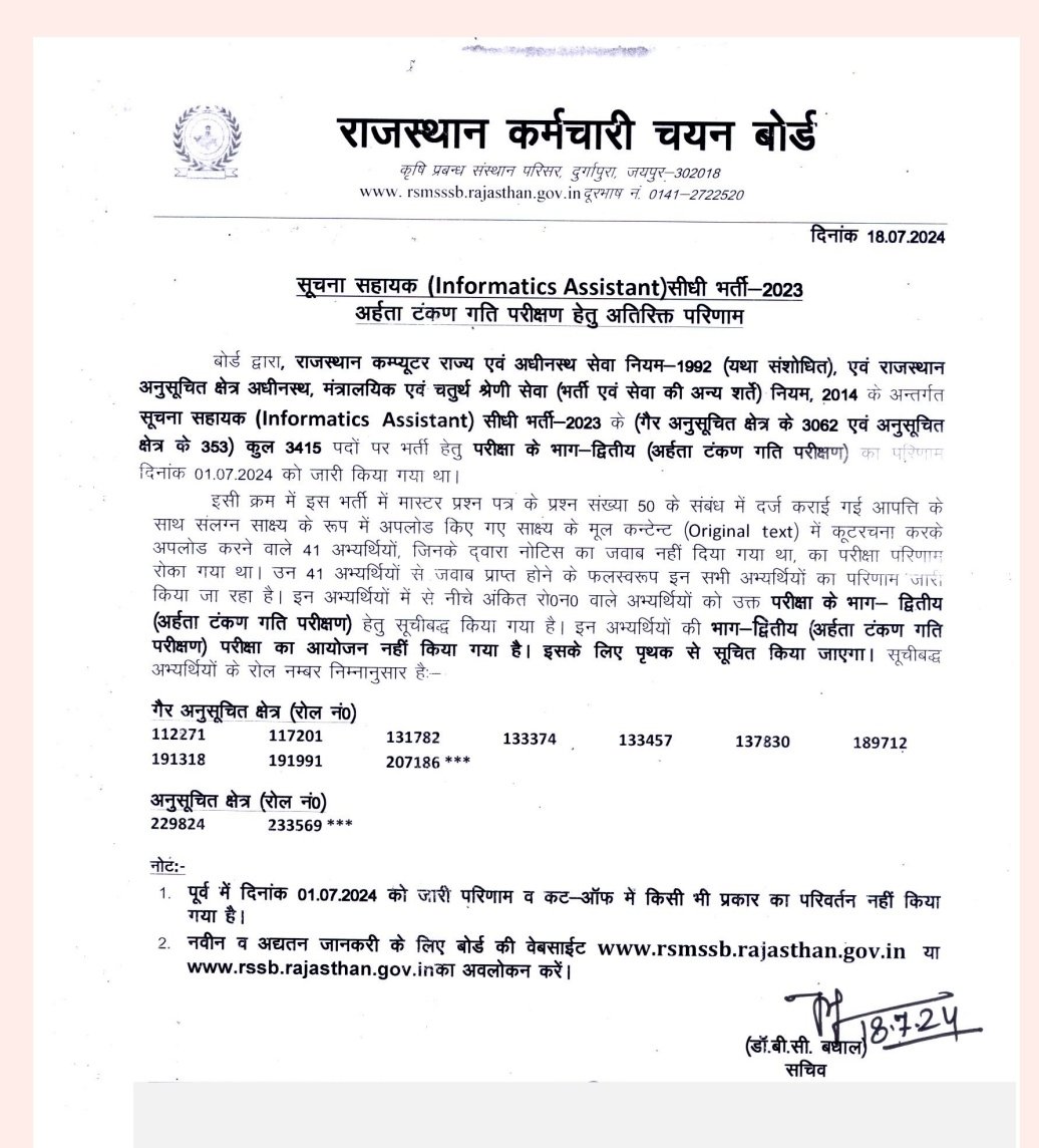 Rssbjaipur's tweet photo. सूचना सहायक भर्ती परीक्षा 2023 Additional रिजल्ट जारी
➡️ List of Selected Candidates for Typing Test
#IAresult https://t.co/u3h4Uxmjzb