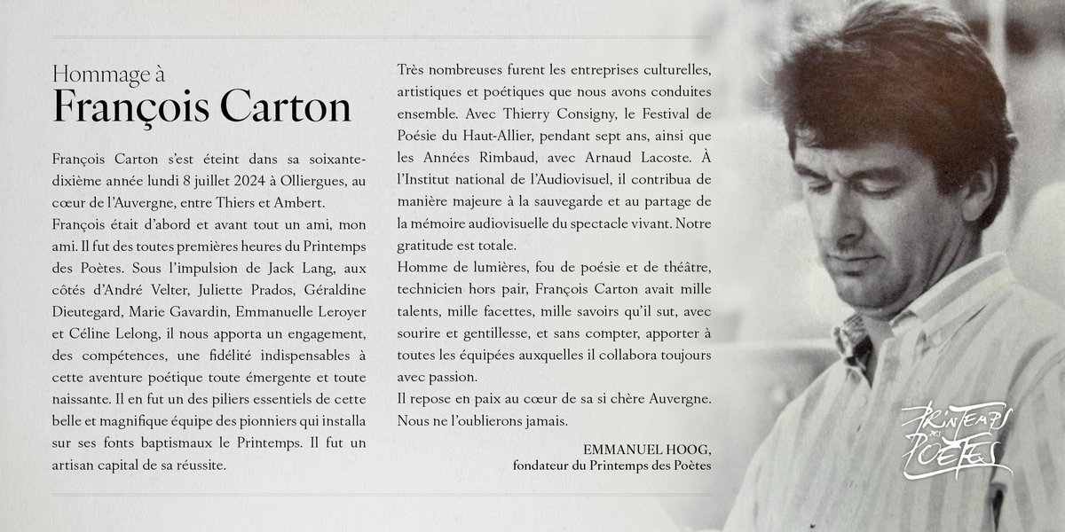 HOMMAGE A FRANÇOIS CARTON
1954-2024

<a href="/emmanuelhoog/">Emmanuel Hoog</a>
<a href="/jack_lang/">Jack Lang</a>
<a href="/Julietteprados/">Juliette Prados</a>
<a href="/LeroyerEm/">Emmanuelle</a>
<a href="/thierryconsigny/">Jen</a>
<a href="/laurent_vallet/">Laurent Vallet</a>