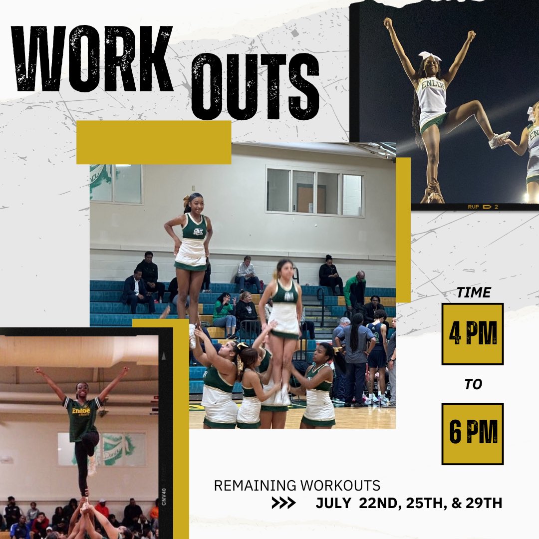 EnloeHSCheer's tweet photo. Only 3 workouts remaining. We look forward to seeing everyone! 🦅 @AthleticsEnloe @ENLOEAD https://t.co/cEI40W6q7O