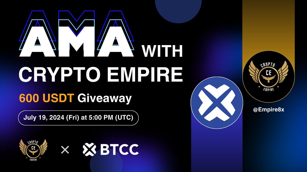 Join our #AMA with <a href="/Empire8x/">Crypto Empire | AMA + Spaces</a>!
⏰ Set your reminder: x.com/i/spaces/1ypKd… 

30 USDT giveaway for 20 people who do this 👇
🔥 Follow <a href="/BTCCexchange/">BTCC</a> and <a href="/Empire8x/">Crypto Empire | AMA + Spaces</a>
🔥 RT this post and tag 3 friends

The first 5⃣0⃣ new users who sign up via this link will receive a $30 trading
