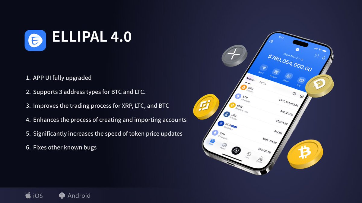 🚀 ELLIPAL 4.0 is here! 🚀 🔹 Fully upgraded UI 🔹 3 address types for BTC  and LTC 🔹 Improved trading for XRP, LTC, and BTC 🔹 Enhanced account  creation/import 🔹 Faster
