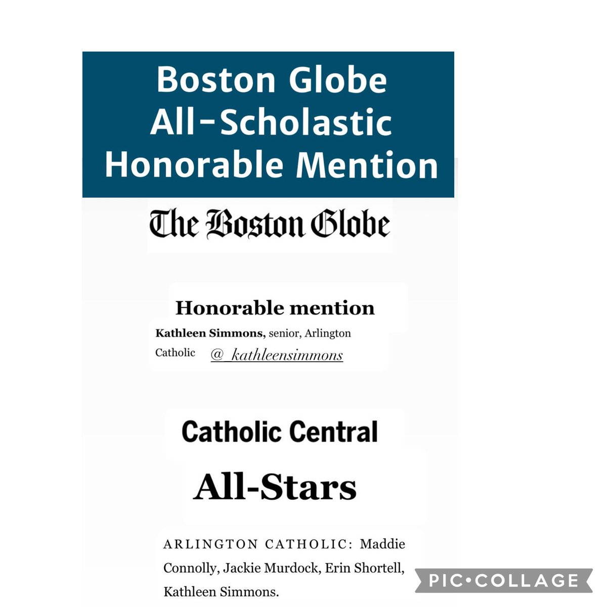 Congrats to Kathleen Simmons Boston Globe All Scholastic Honorable Mention and to our CCL All Stars Erin Shortell, Maddie Connelly, Jacqui Murdock, Kathleen Simmons. Thank you <a href="/camkerry7/">Cam Kerry</a> for all your coverage this season! <a href="/AC_Athletics/">Arlington Catholic Cougars Athletics</a> <a href="/ACHSCougars/">Arlington Catholic High School</a>