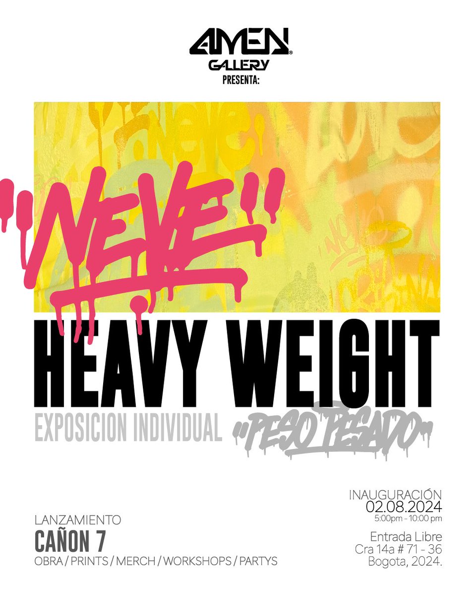 HEAVY WEIGHT / PESO PESADO. 

Mi primer exposición individual luego de 20 años de graffiti y pintura. Bienvenidxs. 

Inauguración: 2 de agosto, Amen Gallery. 5 pm. Bogotá. 

Exposición: 2 de Agosto al 31 de Agosto con obra, prints, workshops y fiesta. Todo de KILO!!!