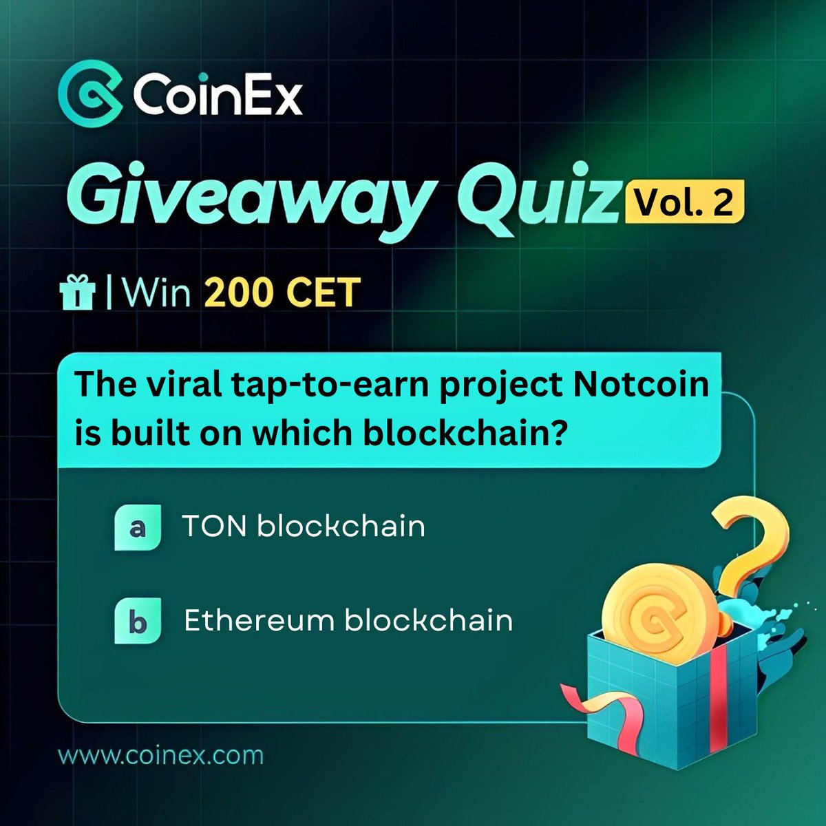 #Giveaway Quiz Vol.2 🥳

Tell us which blockchain the viral tap-to-earn project notcoin is built on and win 200 $CET 🎉

Rules:
✅ Follow @CoinExPK
✅ Repost &amp; tag 1 friend
✅ Comment your answer

Find answer: coinex.com/en/info/not

#CoinEx #notcoin #Pakistan