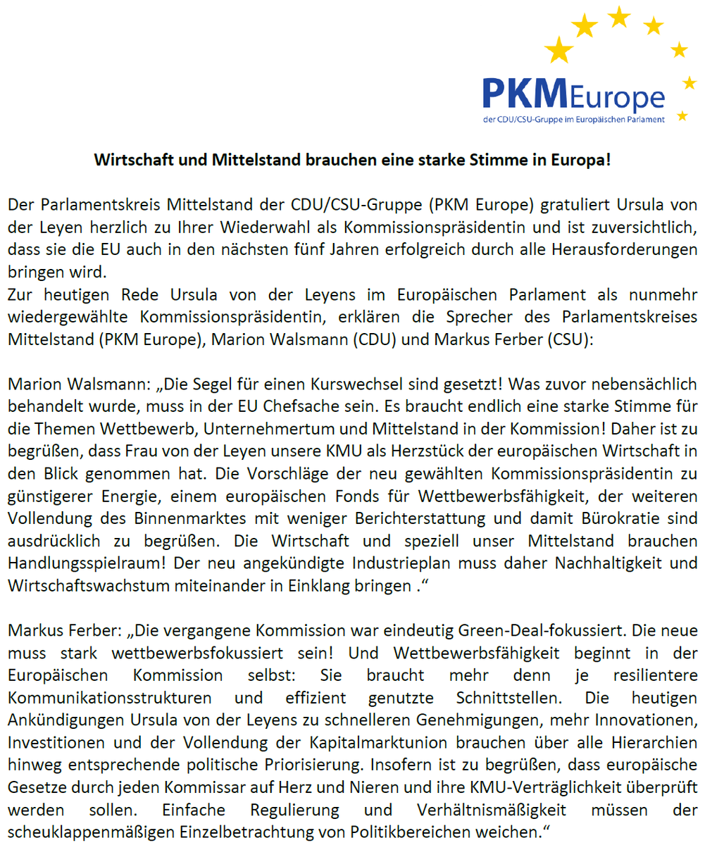 Der #PKMEurope gratuliert <a href="/vonderleyen/">Ursula von der Leyen</a> zu Ihrer Wiederwahl als #Kommissionspraesidentin. Die Segel für einen Kurswechsel sind gesetzt. Die Maxime lautet Wettbewerbsfähigkeit. Einfache Regulierung und Verhältnismäßigkeit müssen der Einzelbetrachtung von Politikbereichen weichen!